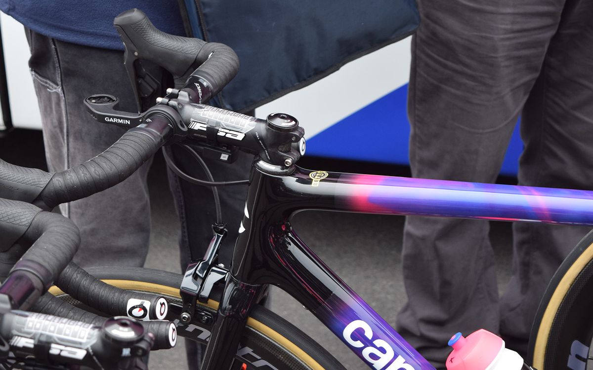 Alberto Bettiol celebrates his Tour of Flanders victory with a De Ronde sticker at the head of his top tube