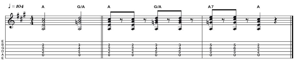 Example 10: The Mixolydian Tonality - Now let's look at the fifth mode of the D major scale: A Mixolydian. Here we take triads from the IV and V degree of D (G and A), and play them against an A bass note. Once again theorists may know that the G triad played against A gives the notes of an A11 (or G/A) chord, which complements the Mixolydian sound perfectly.