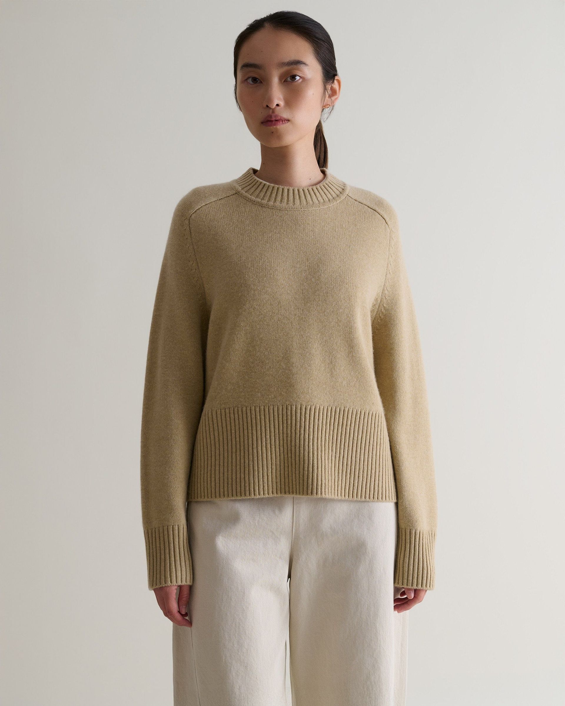 Women's Cashmere Merino Saddle Sleeve Crew Neck Jumper - Twine - Twine / Xs