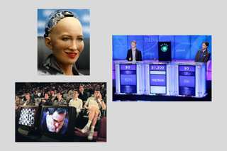 composite image of robot Sophia, chess match and Jeopardy! episode