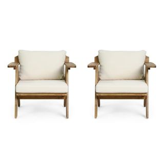 Mcclure Acacia Wood Outdoor Club Chairs With Cushion, Set of 2, Teak and Beige