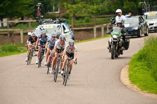 Amber Neben (HTC Highroad) leads her breakaway companions on the final run in to the finish circuits.