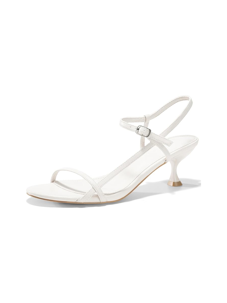 Coutgo, Coutgo Womens Strappy Heeled Sandals Kitten Low Heel Open Toe Ankle Strap Party Wedding Dress Shoes, White, Size 8