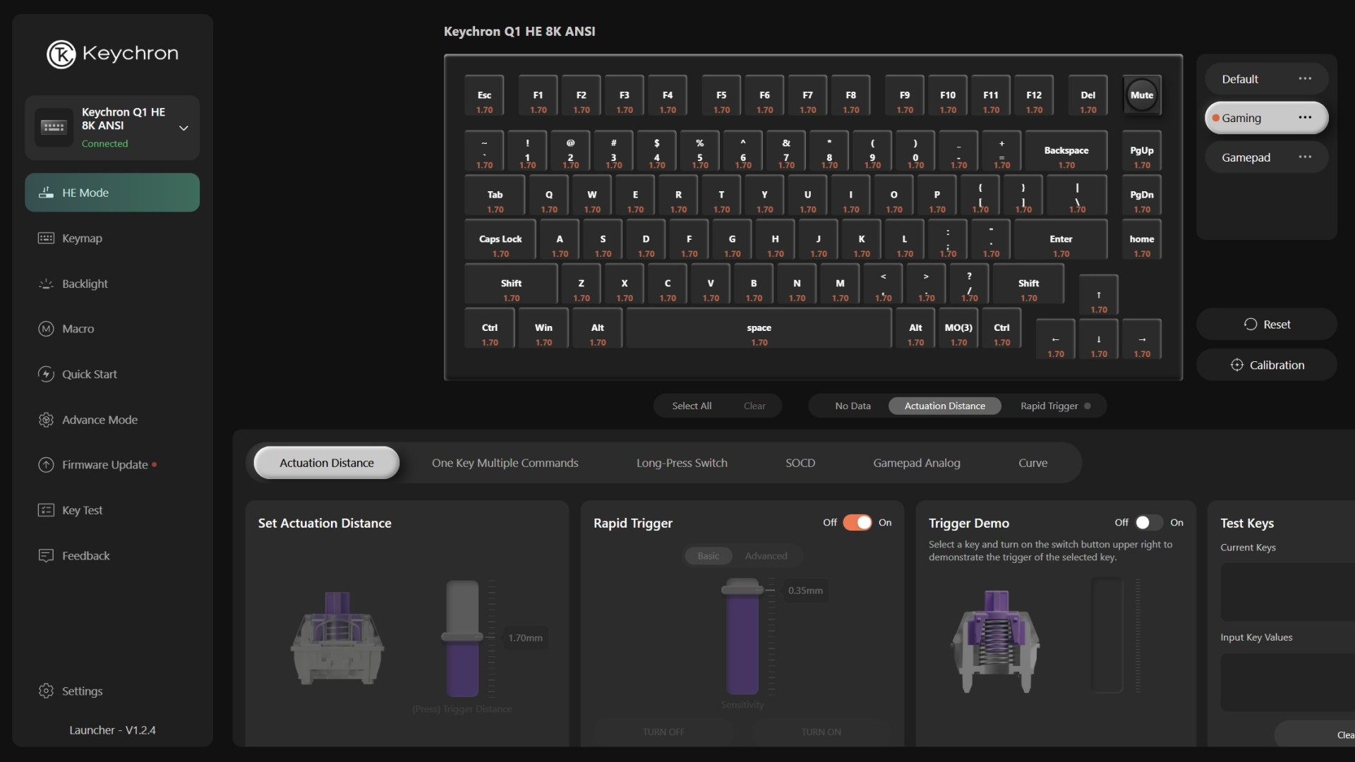 Keychron Launcher software customising actuation points on Keychron Q1 HE 8K gaming keyboard