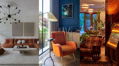 three images of retro inspired interiors with furniture and lighting