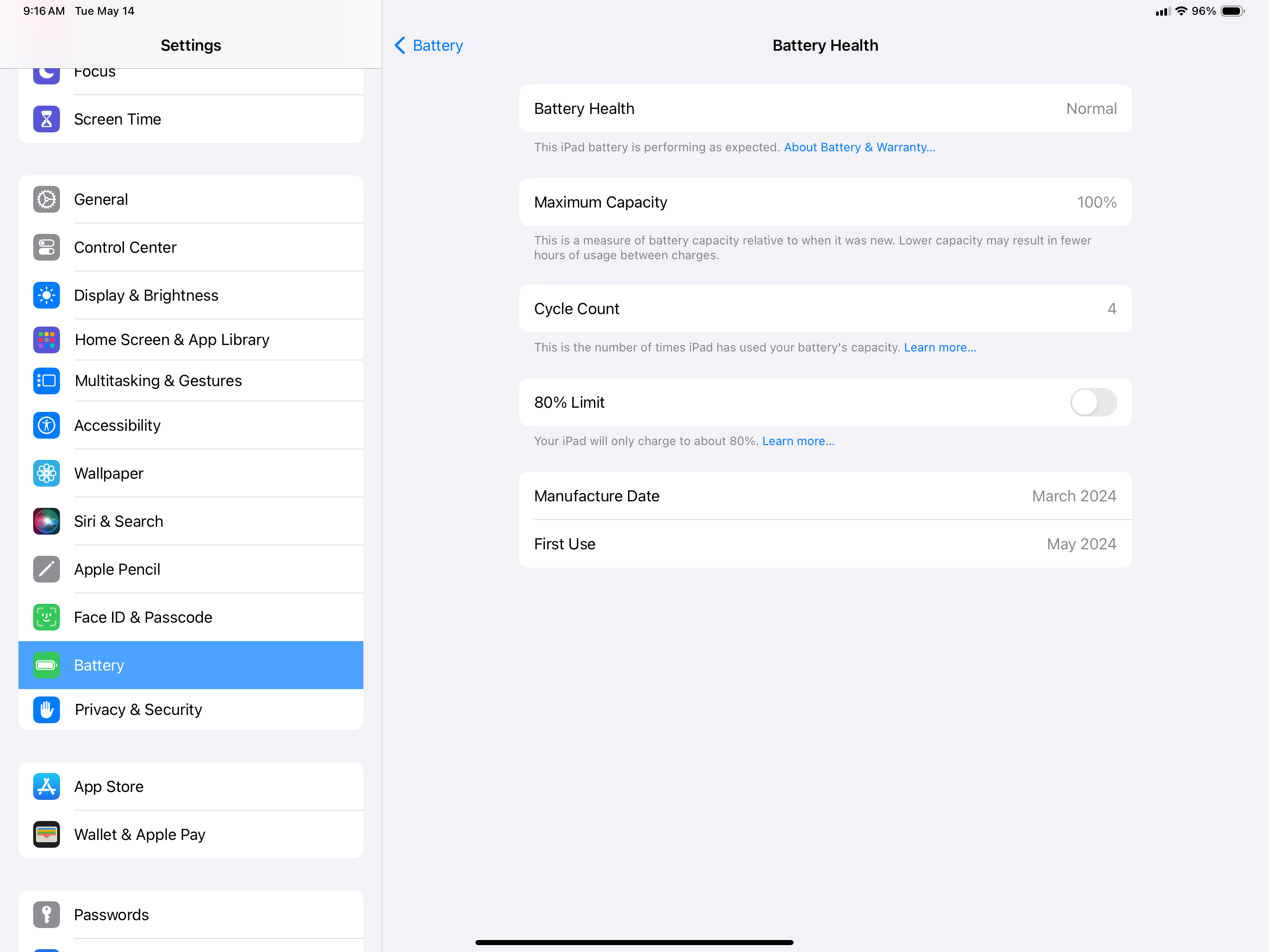 A screenshot of the iPad's battery health menu on an iPad Pro 2024