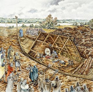 In this reconstruction drawing, the Sutton Hoo ship burial holds a wealth of Anglo-Saxon artifacts and the body of what is likely a king from East Anglia.