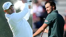 Brooks Koepka hits a shot, Rasmus Hojgaard reacts after missing a putt