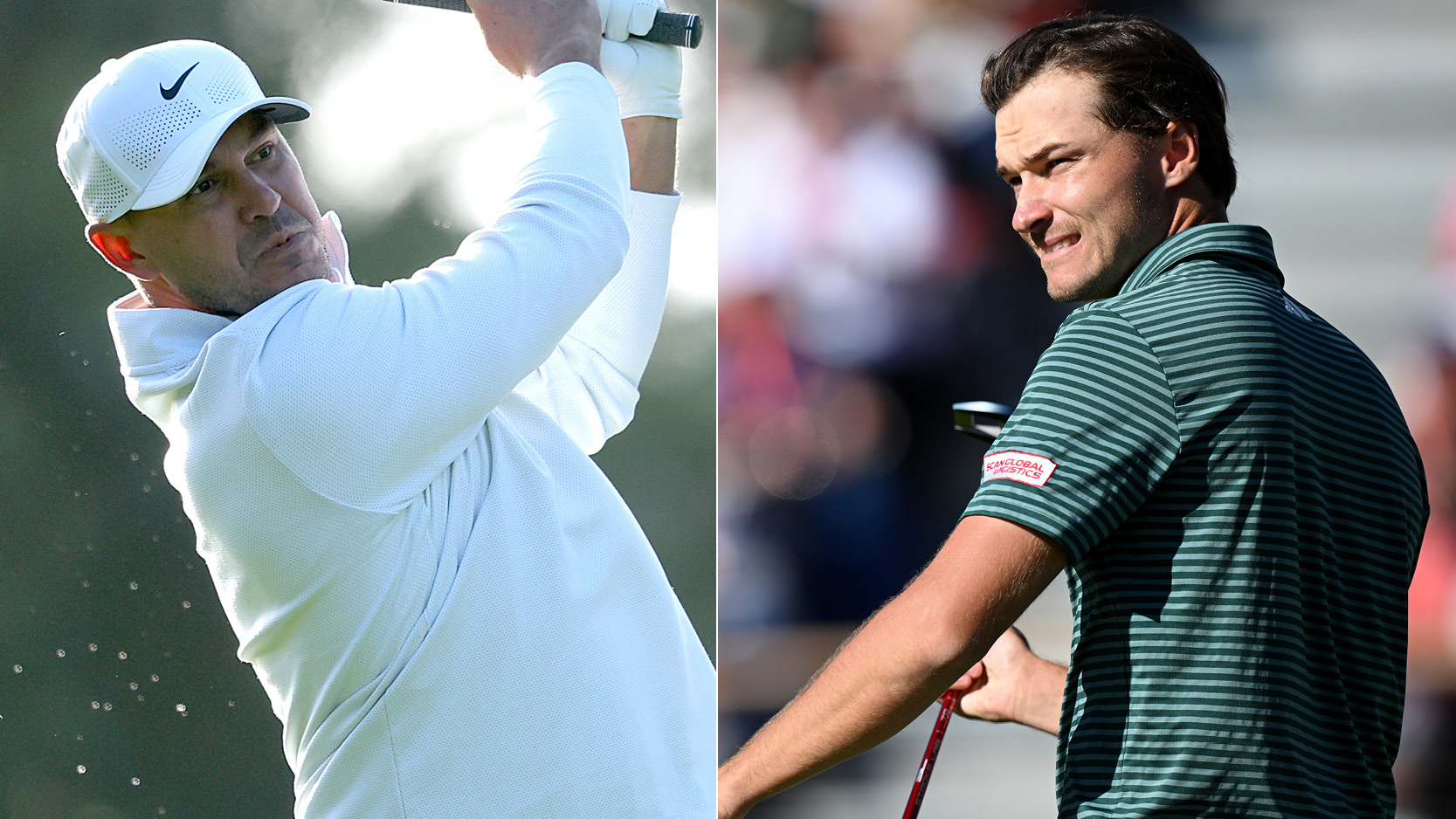 Brooks Koepka hits a shot, Rasmus Hojgaard reacts after missing a putt