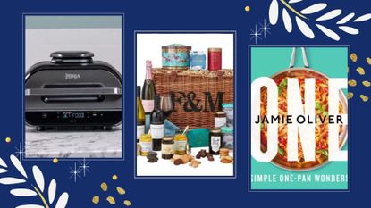 comp image of the best christmas food gifts for foodies, including an air fryer, hamper and cookbook