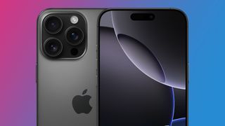 An iPhone 16 Pro in Black Titanium on a pink and blue background