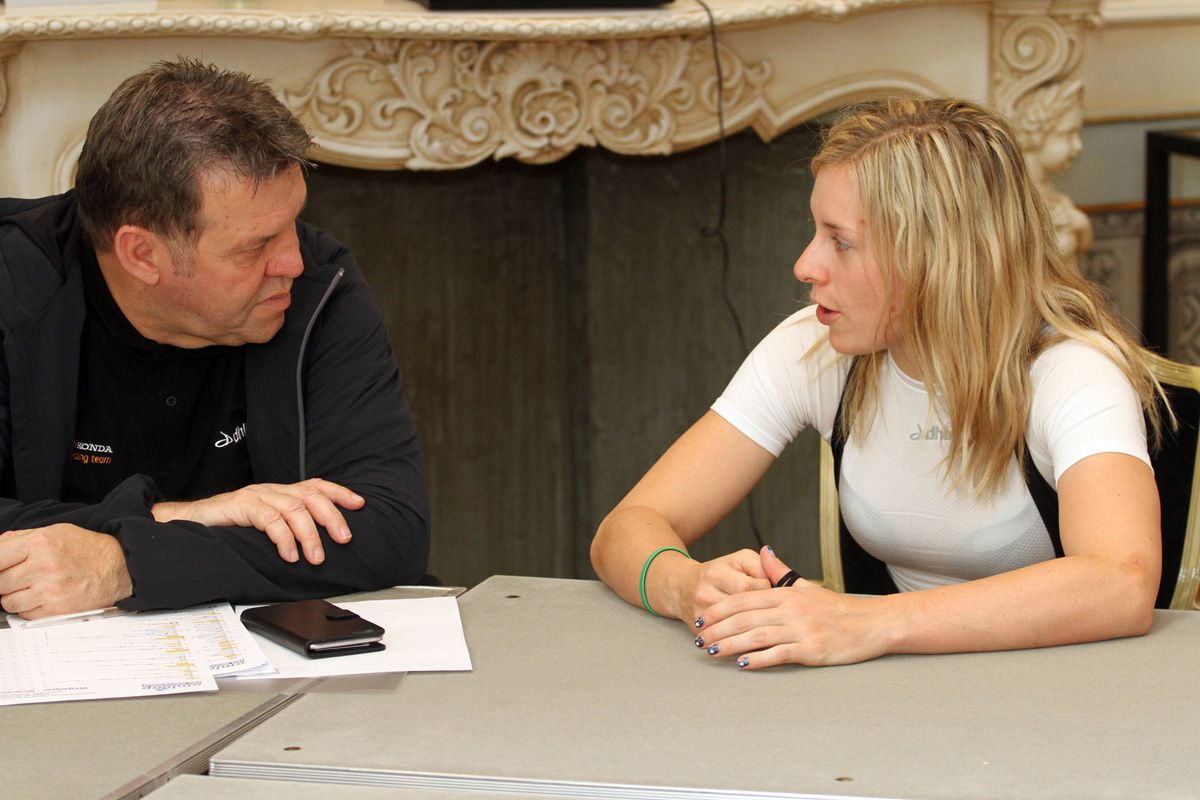 Egon van Kessel talks with recently crowned omnium world champion Annette Edmondson