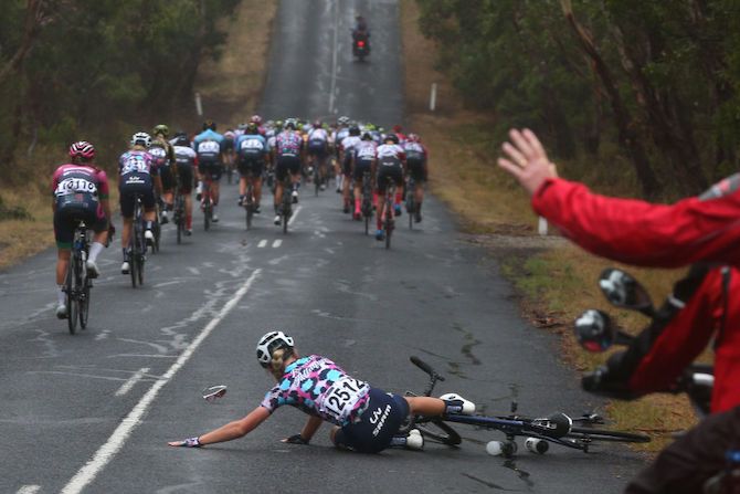 Roxsolt-Attaquer&rsquo;s Emma Chilton hits the deck due to the slippery roads