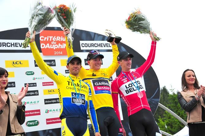 Crit&eacute;rium du Dauphin&eacute; overall podium (L-R): Alberto Contador (Tinkoff Saxo), Andrew Talansky (Garmin-Sharp), Jurgen Van Den Broeck (Lotto-Belisol)