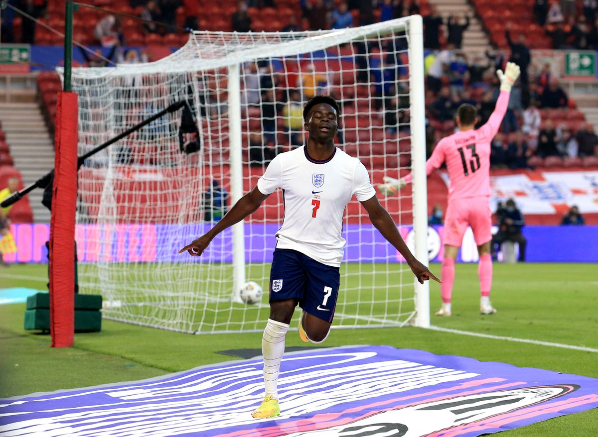 Bukayo Saka scored his first England goal in Wednesday’s friendly win over Austria