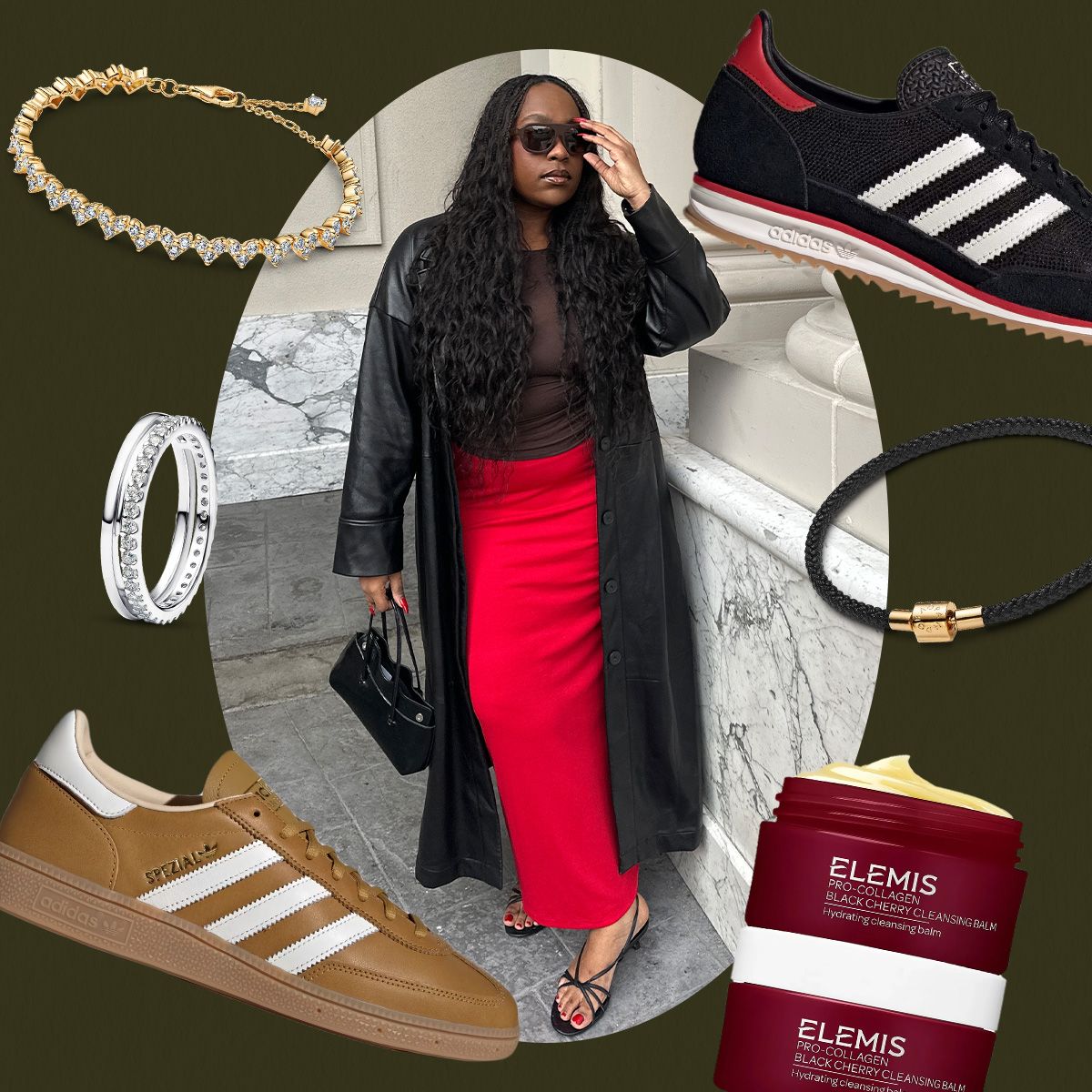Aniyah Morinia in a collage of shoes, jewelry, and skincare products
