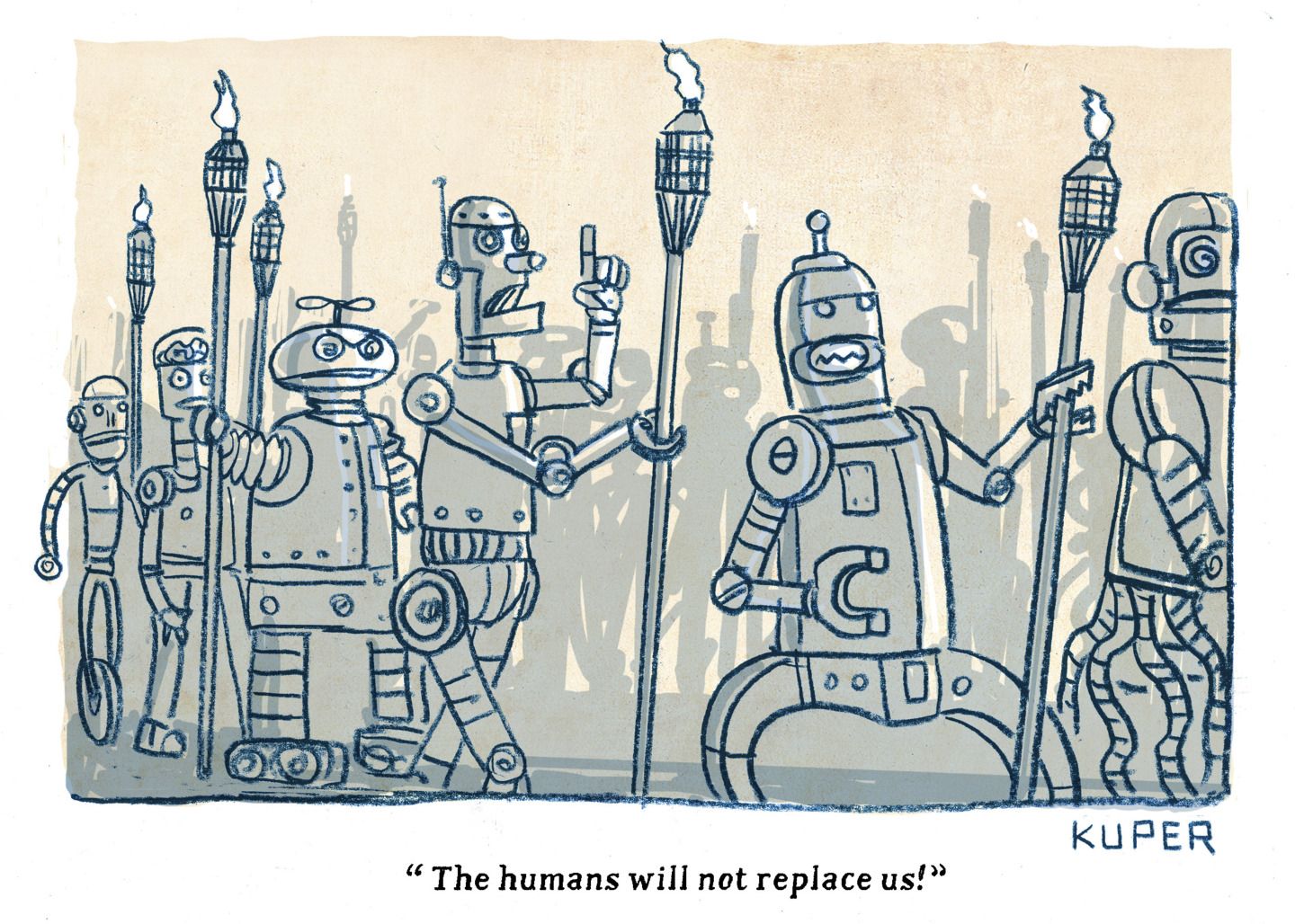 
                                This cartoon depicts a group of robots marching with torches, much like the white supremacists did in Charlottesville, Virginia, in 2017. These robots chant, “The humans will not replace us!”
                            