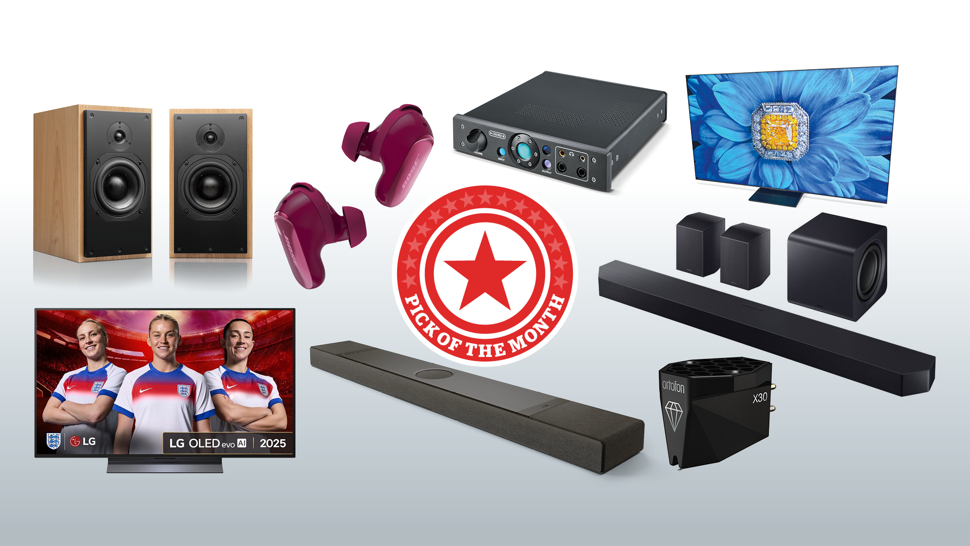 What Hi-Fi? Pick of the Month July 2025 products on greyscale background