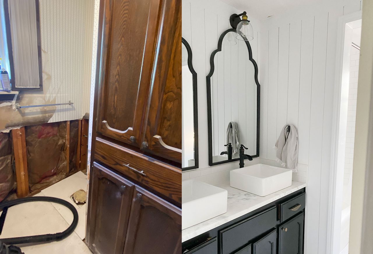 White guest bathroom with wall paneling and matching black rim mirrors