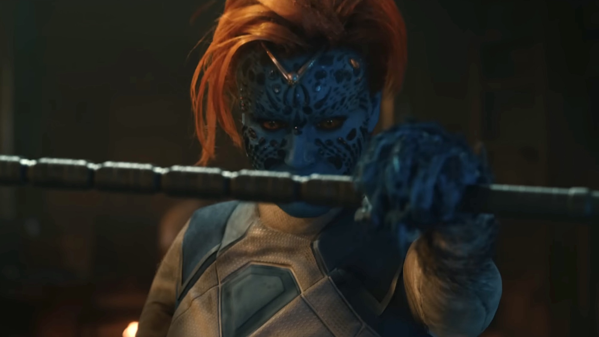 Mystique holding staff weapon in front of her getting ready for fight in Avengers: Doomsday