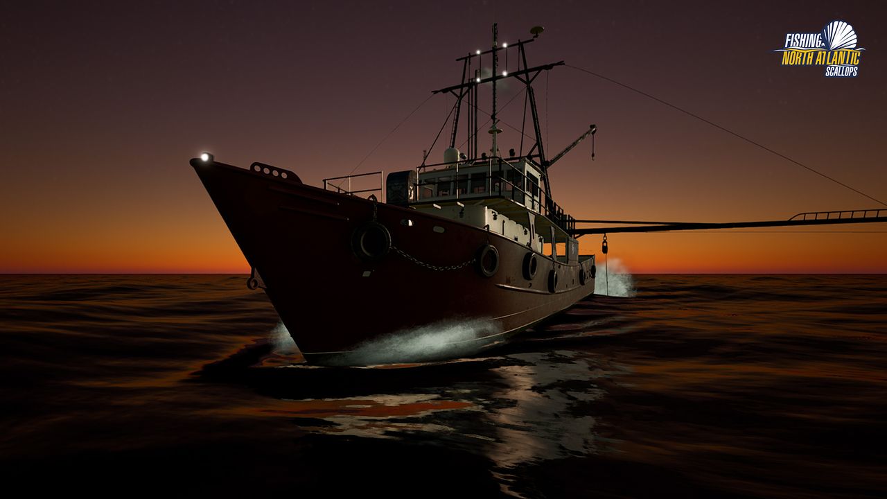 A screenshot from the game Fishing: North Atlantic's Scallops expansion. There are boats and scallops.