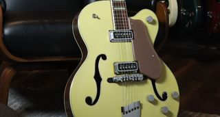 This pristine 1955 Gretsch Streamliner is finished in Jaguar Tan over Copper Mist and photographed in close-up.