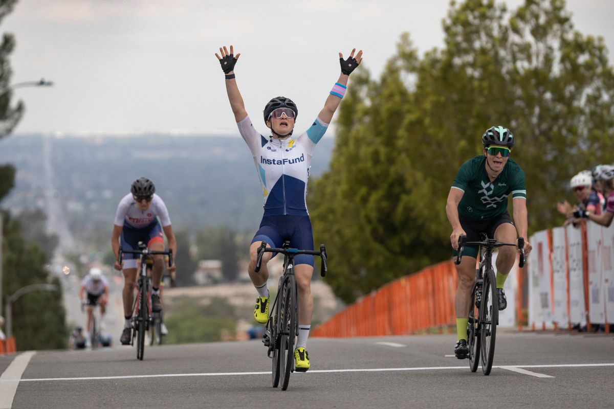 Heidi Franz (Instafund LaPrima) celebrates a close victory over Jennifer Wheeler (Font Cycling) and Emily Marcolini (3T/Q+M Cycling)