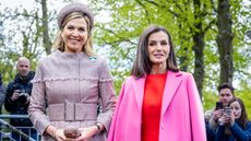 AMSTERDAM, NETHERLANDS - APRIL 18: Queen Maxima of The Netherlands and Queen Letizia of Spain visit Lab6 that supports mental health for young people on April 18, 2024 in Amsterdam, Netherlands. (Photo by Patrick van Katwijk/Getty Images)