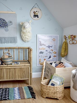Playroom storage ideas including baskets and boxes