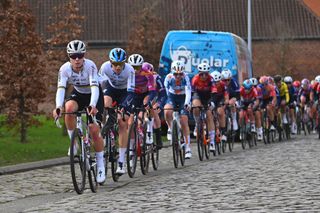 WAREGEM BELGIUM MARCH 27 LR Lotte Kopecky of Belgium and Mischa Bredewold of The Netherlands and Team SD Worx Protime compete passing through a Holleweg cobblestones sector during the 12nd Dwars door Vlaanderen 2024 Womens Elite a 1299km one day race from Waregem to Waregem on March 27 2024 in Waregem Belgium Photo by Luc ClaessenGetty Images