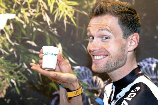 Tom Stamsnijder with a Giant cup of coffee