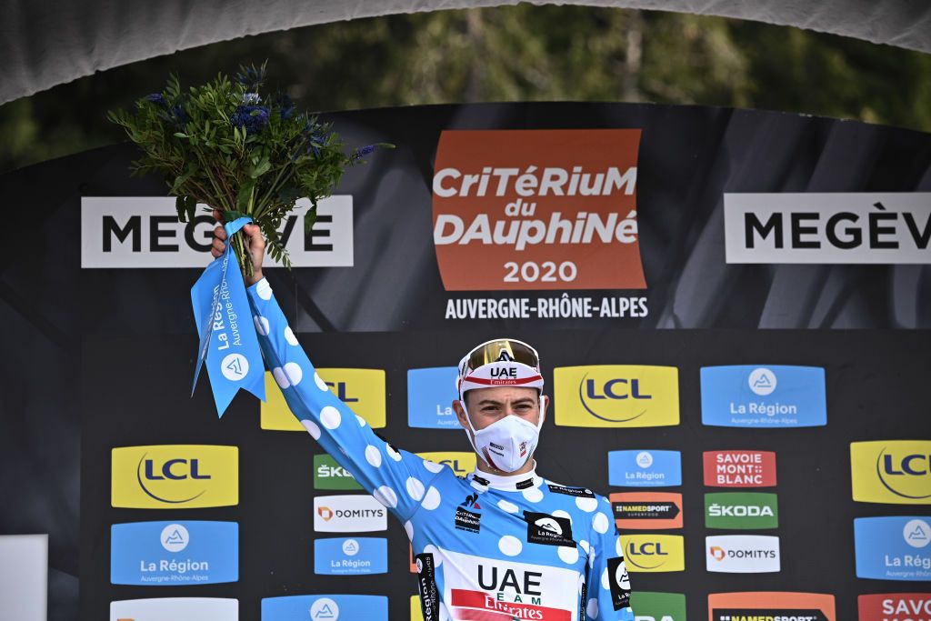MEGEVE FRANCE AUGUST 16 Podium David De La Cruz of Spain and Team UAE Team Emirates Polka Dot Mountain Jersey Celebration during the 72nd Criterium du Dauphine 2020 Stage 5 a 1535km stage from Megeve to Megeve 1458m dauphine Dauphin on August 16 2020 in Megeve France Photo by AnneChristine PoujoulatPool via Getty Images