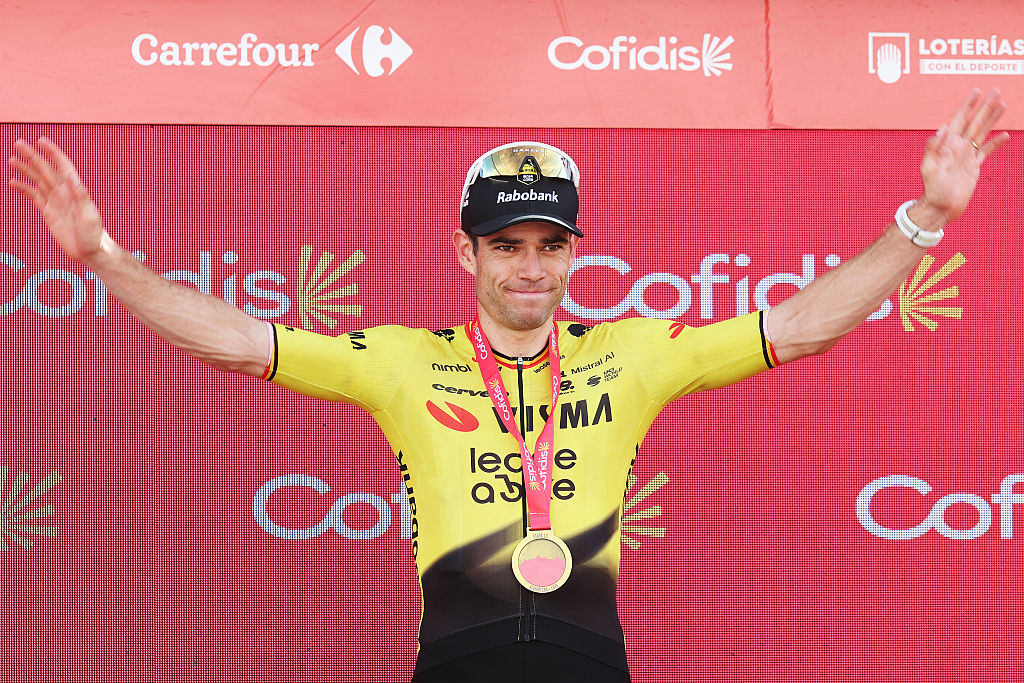 LOJA, SPAIN - SEPTEMBER 04: Wout Van Aert of Belgium and Team Visma | Lease a Bike celebrates at podium as stage winner during the La Vuelta - 81st Tour of Spain 2026, Stage 13 a 192.8km stage from Almu&amp;ntilde;ecar to Loja 501m / #UCIWT / on September 04, 2026 in Loja, Spain. (Photo by Alexander Hassenstein/Getty Images)