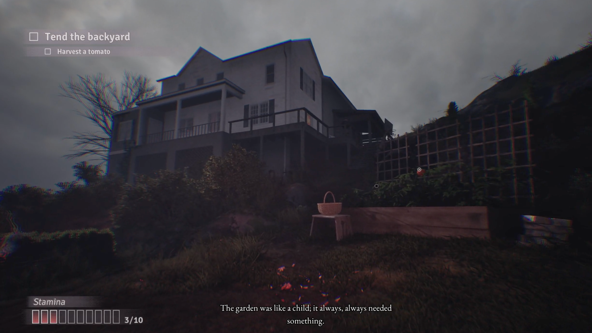 A two-story house looms against a gray sky