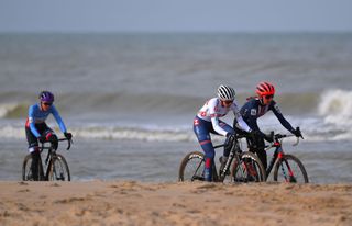 OOSTENDE BELGIUM JANUARY 31 Josie Nelson of United Kingdom and Madigan Munro of The United States Sea Sand during the 72nd UCI CycloCross World Championships Oostende 2021 Women U23 UCICX CXWorldCup Ostend2021 CX on January 31 2021 in Oostende Belgium Photo by Luc ClaessenGetty Images
