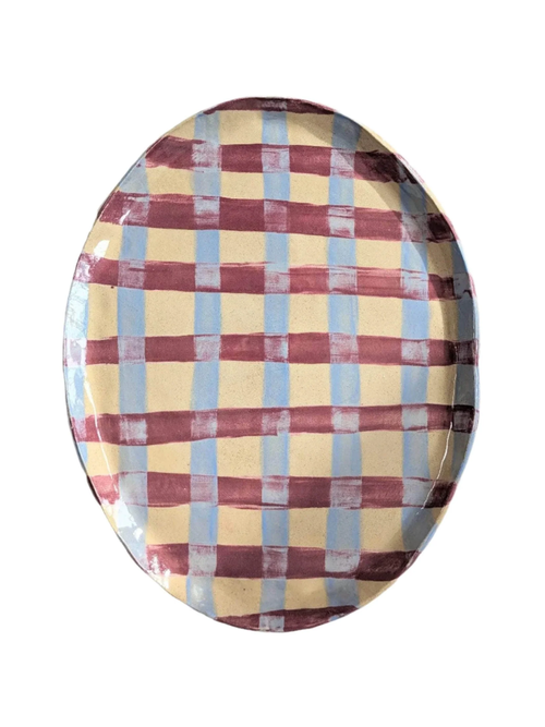 Baby Blue & Burgundy Gingham Oval Platter