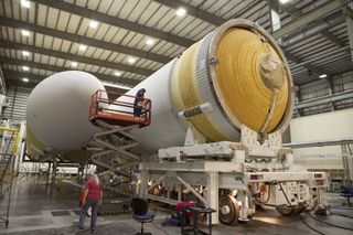 The two stages of the Delta 4 Heavy rocket that will launch NASA's Orion capsule on its first test flight come together inside the Horizontal Integration Facility at Florida's Cape Canaveral Air Force Station in September 2014. 