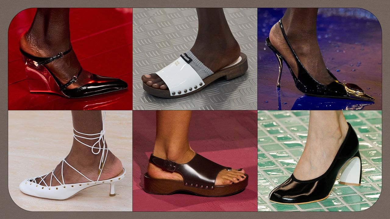 a collage of details images of shoes on the spring/summer 2025 runways