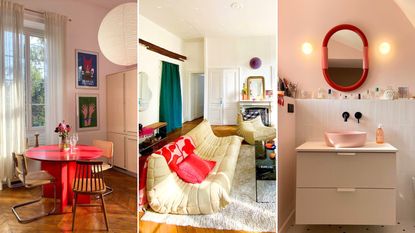 The unexpected red theory is so stylish. Here are three rooms - one with a red dining table, one with a white couch with a red throw, and one of a pink bathroom with a red mirror