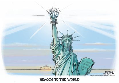 Editorial Cartoon covid vaccines statue of liberty.