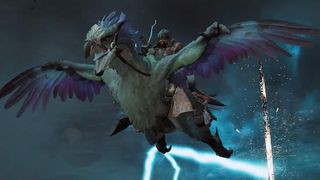 A player riding a giant bird in the upcoming PS5 game, Monster Hunter Wilds.