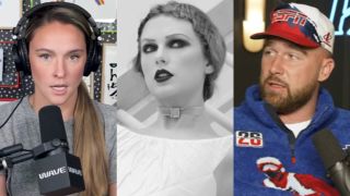 From left to right: Kylie Klece talking into a mic, Taylor Swift in the Fortnight music video and Travis Kelce looking to his left on New Heights. 