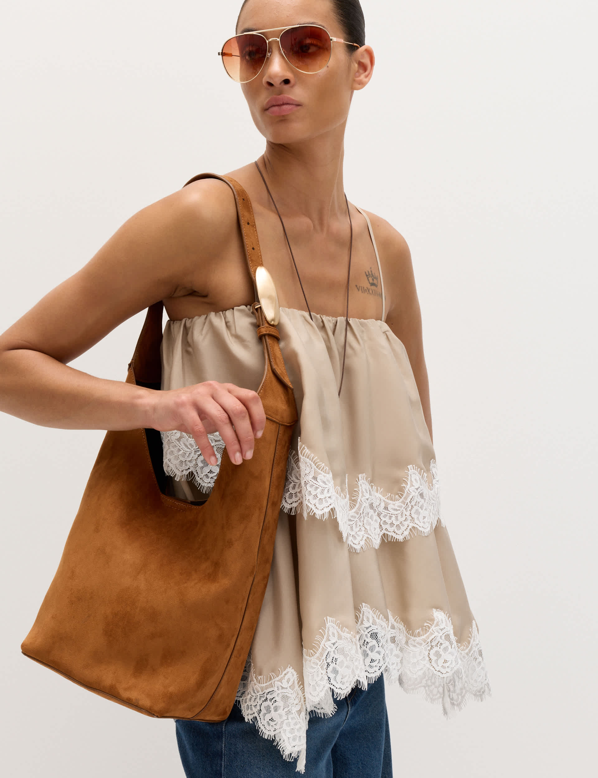 Faux Suede Hardware Shoulder Bag