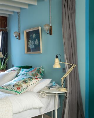 Bedroom painted in Farrow and Ball Blue Ground