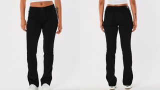 composite of model wearing Hollister Mid Rise Boot Jeans in black
