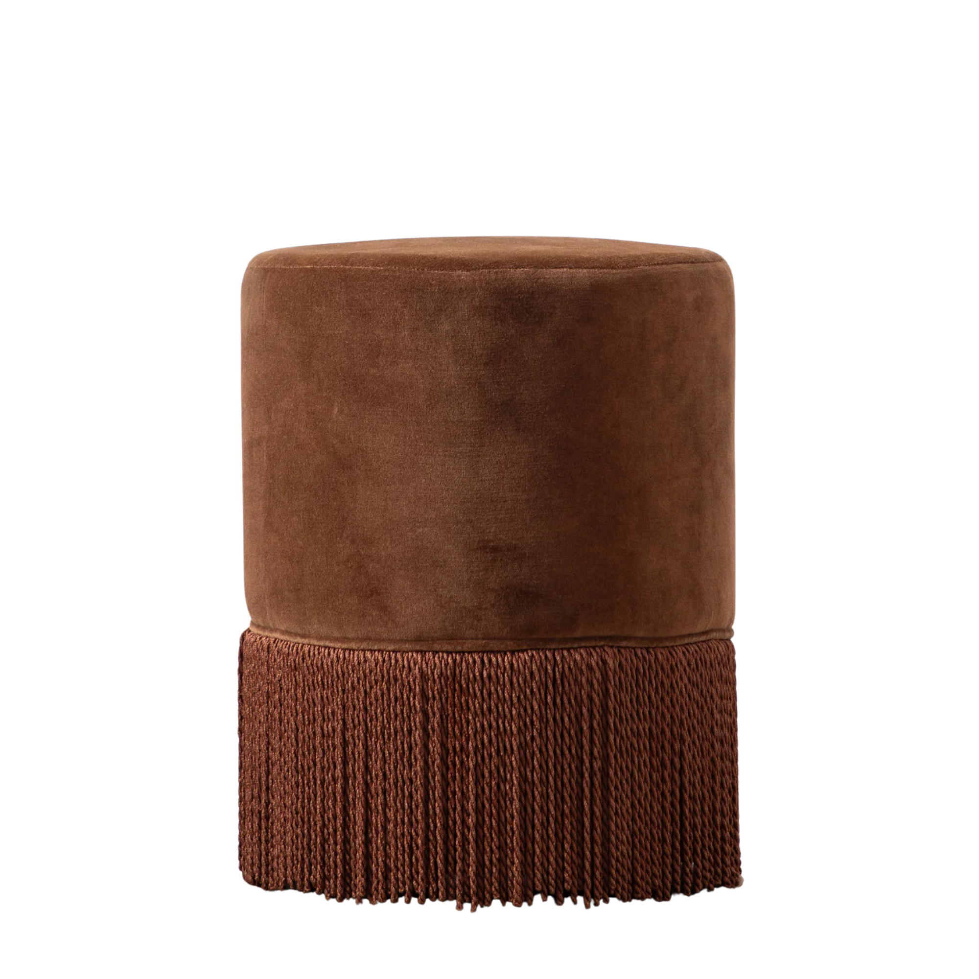 a brown velvet stool with fringe detail