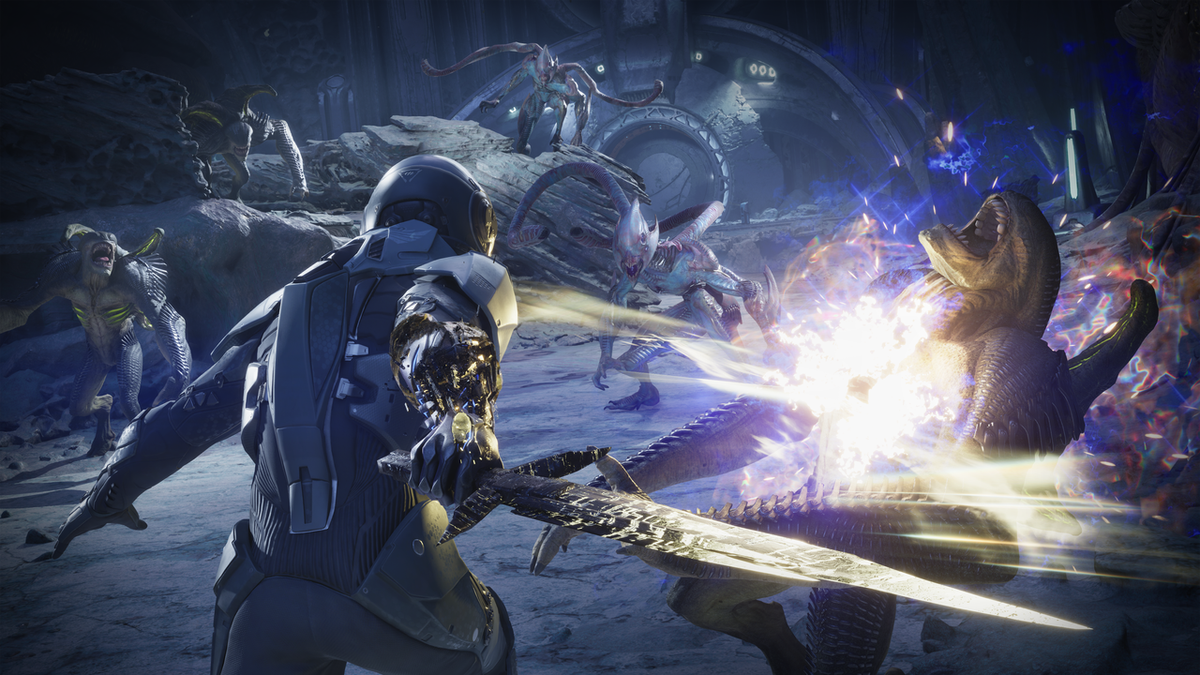 a space warrior slices an alien monster