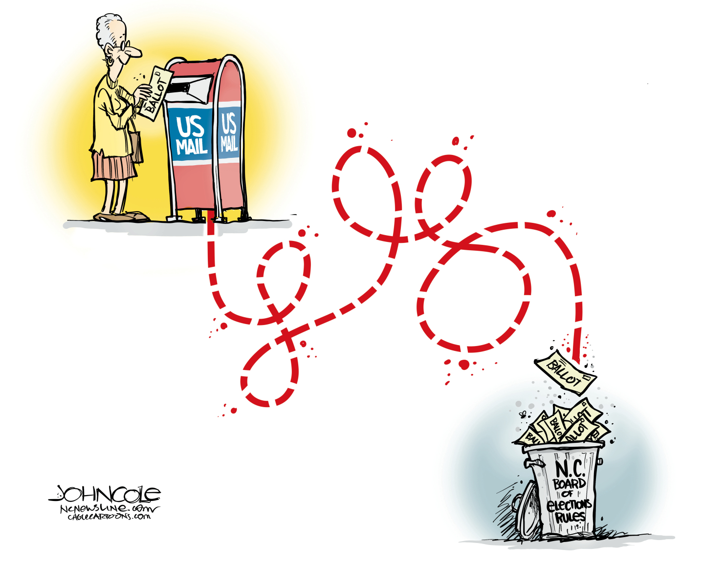 An elderly woman drops a ballot into a US Mail box. There&amp;rsquo;s a wild, winding line drawn from the box to indicate the ballot&amp;rsquo;s travel once mailed. It ends up in a garbage can labeled &amp;ldquo;N.C. Board of Elections Rules.&amp;rdquo;