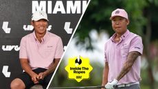 (left) Anthony Kim smiles during a press conference ahead of LIV Golf Miami while (right) he looks on during an event in 2025