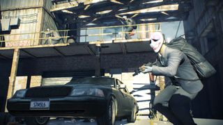 Payday 2 character in Japanese mask holding a gun with a duffle bag on his back